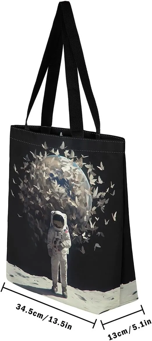 Astronaut Canvas Tote Bag,Fantasy Clouds Tote Bag,Outer Space Themed Shopping Grocery Bags