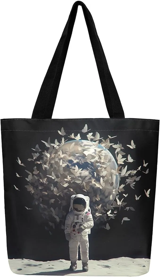 Astronaut Canvas Tote Bag,Fantasy Clouds Tote Bag,Outer Space Themed Shopping Grocery Bags