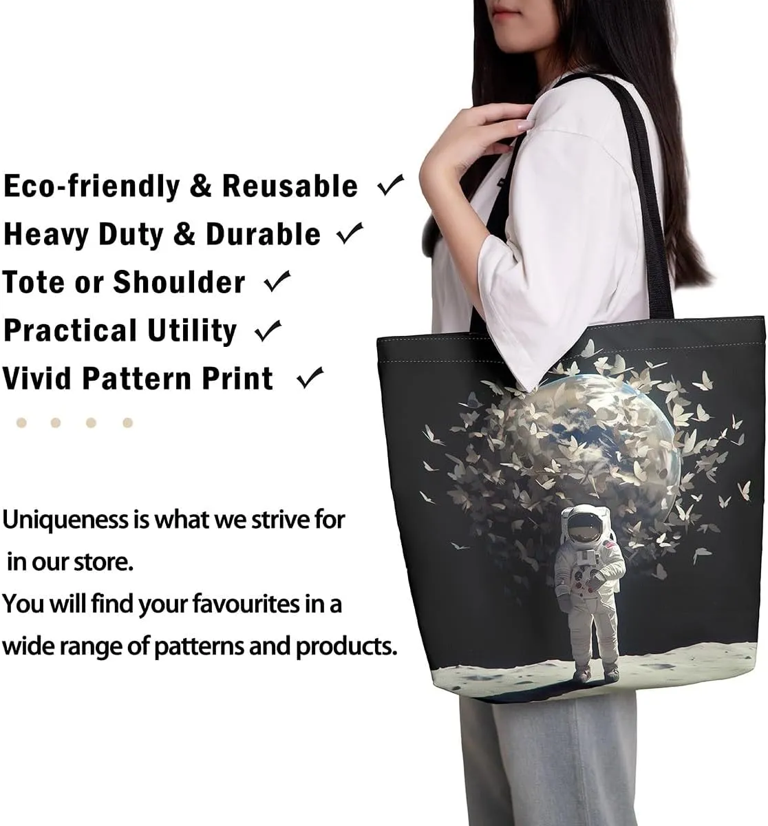 Astronaut Canvas Tote Bag,Fantasy Clouds Tote Bag,Outer Space Themed Shopping Grocery Bags