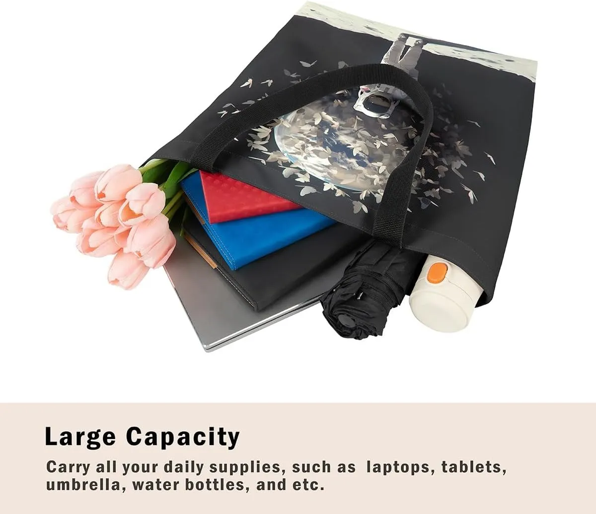 Astronaut Canvas Tote Bag,Fantasy Clouds Tote Bag,Outer Space Themed Shopping Grocery Bags