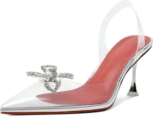 AUMOTED Women Slingback Clear Pumps Pointed Toe Metallic Stiletto High Heel Rhinestone Pumps Ankle Strap Dress Shoes Wedding 3.5 Inch