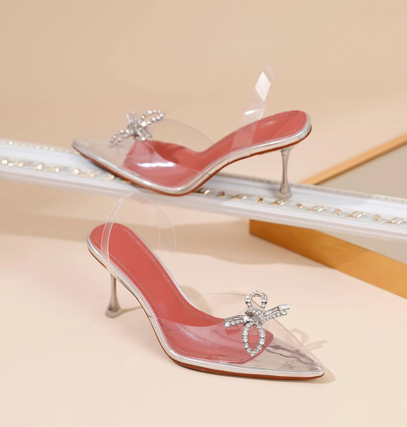 AUMOTED Women Slingback Clear Pumps Pointed Toe Metallic Stiletto High Heel Rhinestone Pumps Ankle Strap Dress Shoes Wedding 3.5 Inch