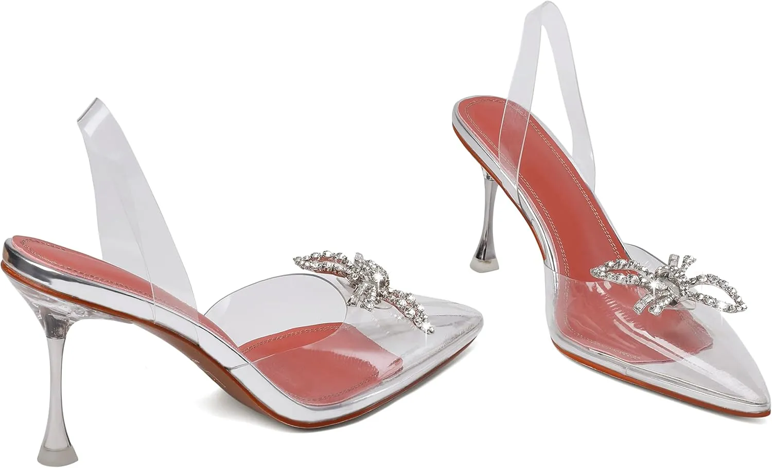 AUMOTED Women Slingback Clear Pumps Pointed Toe Metallic Stiletto High Heel Rhinestone Pumps Ankle Strap Dress Shoes Wedding 3.5 Inch
