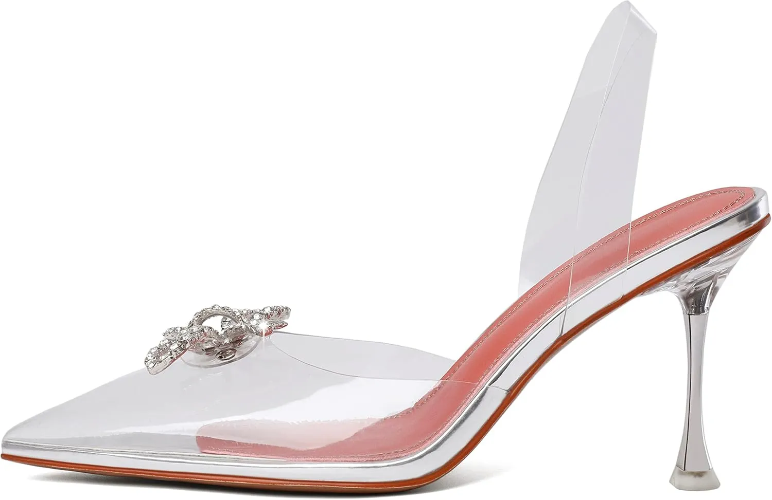 AUMOTED Women Slingback Clear Pumps Pointed Toe Metallic Stiletto High Heel Rhinestone Pumps Ankle Strap Dress Shoes Wedding 3.5 Inch