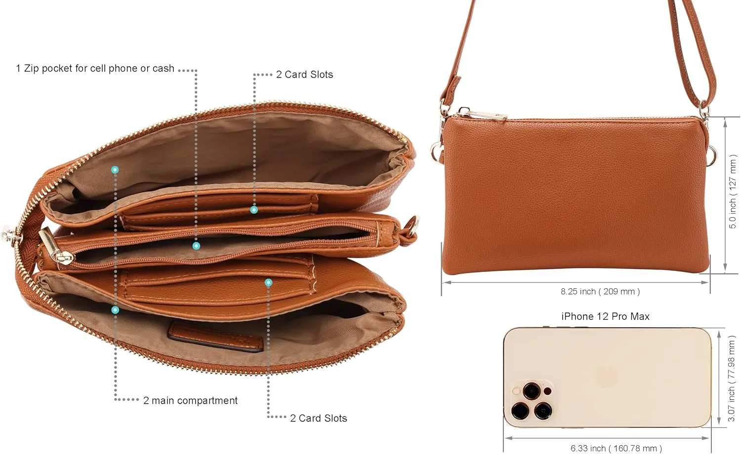 B BRENTANO Vegan Leather Multi-Pocket Crossbody Purse/Clutch with Card Slots, Removable Wristlet & Adjustable Shoulder Strap