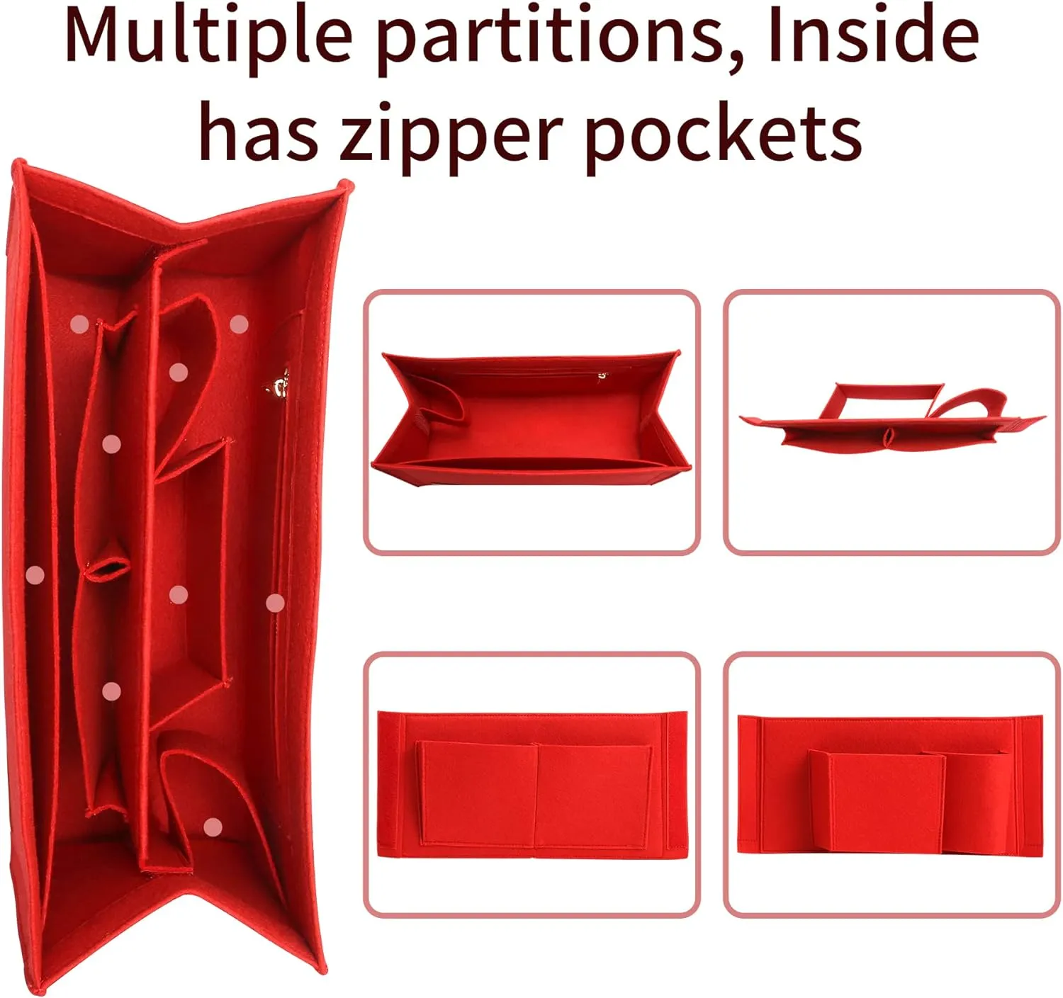 Bag Organizer Insert,Tote Bag Insert For On The Go GM,Handbag Inner Organizer,Handbag Storage,Tote Bags Felt Liner with Zipper (Red, XL)
