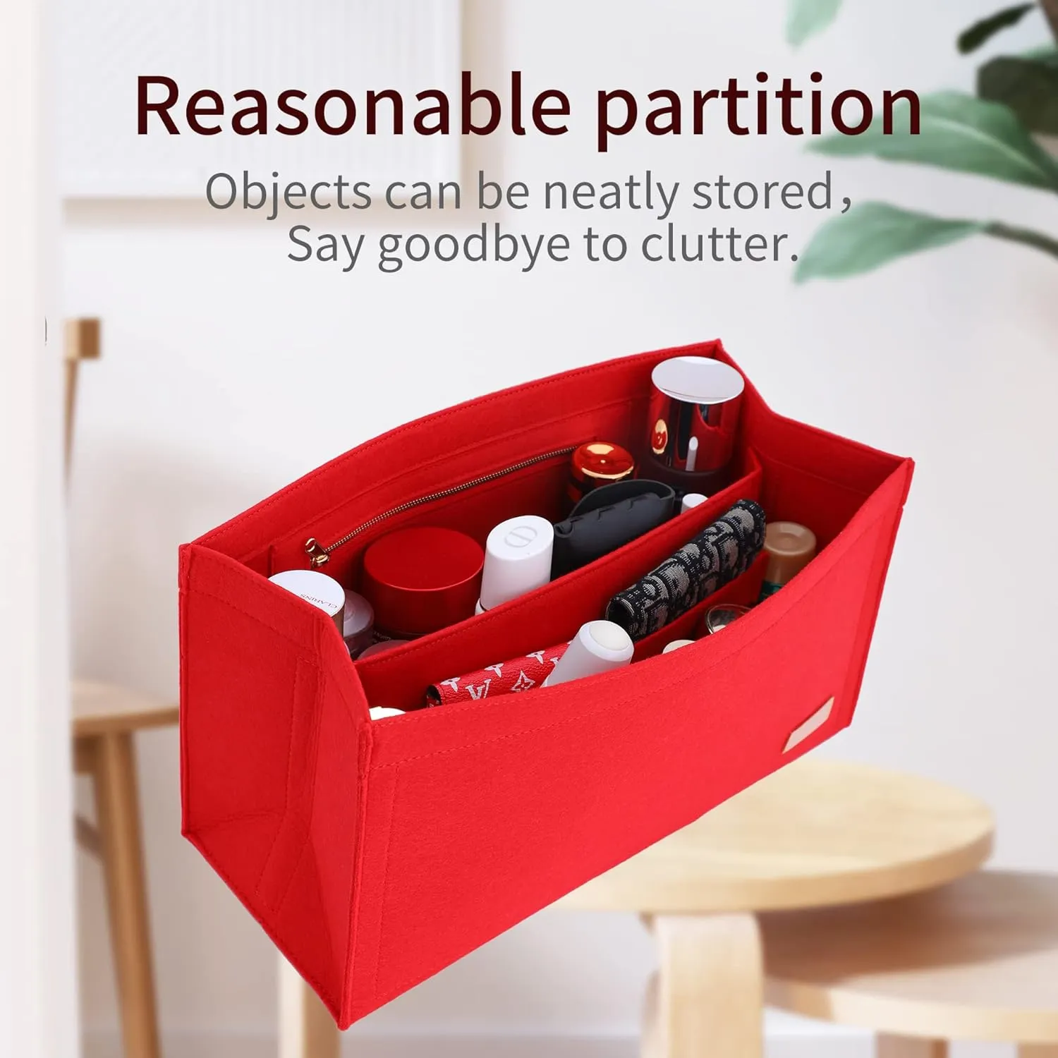 Bag Organizer Insert,Tote Bag Insert For On The Go GM,Handbag Inner Organizer,Handbag Storage,Tote Bags Felt Liner with Zipper (Red, XL)