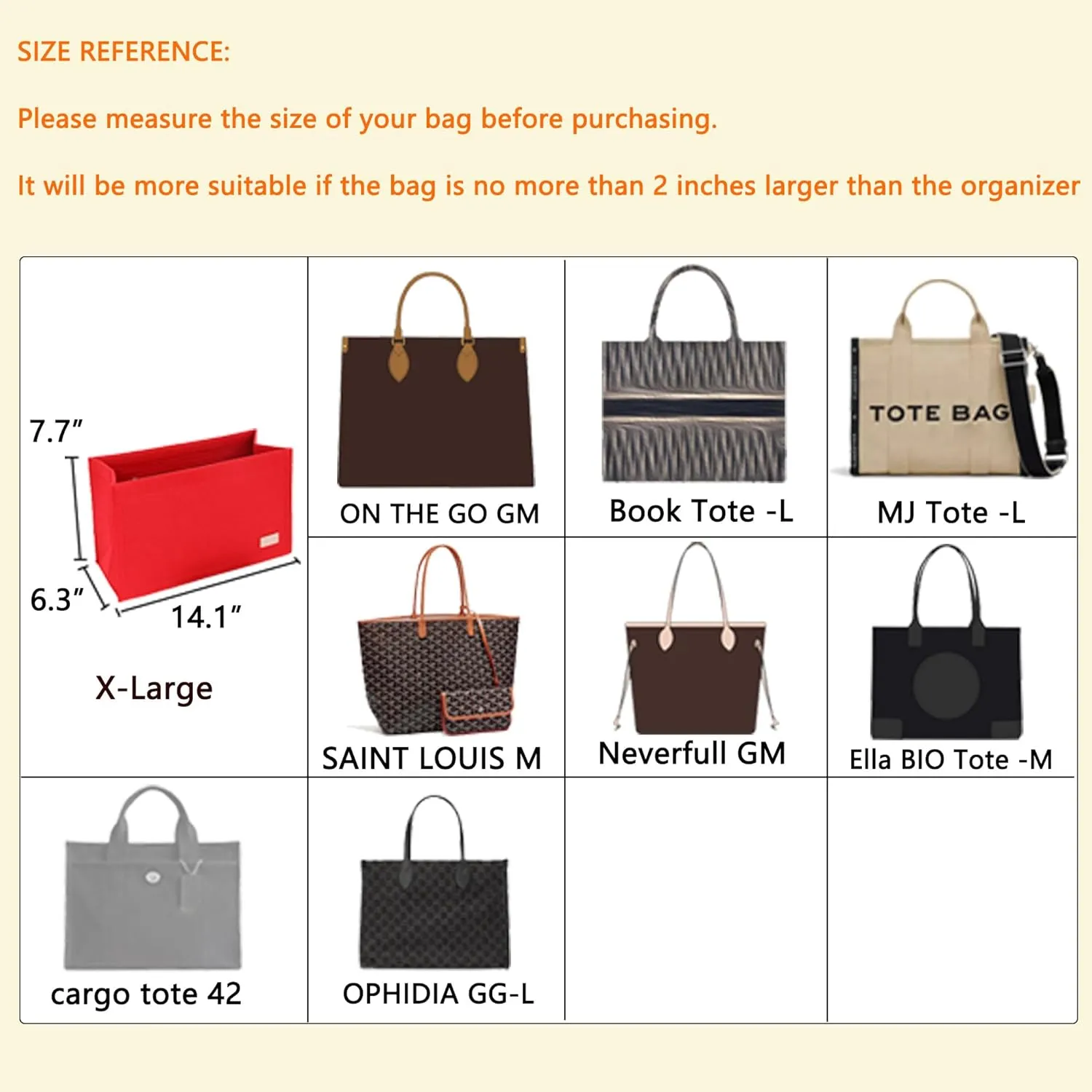 Bag Organizer Insert,Tote Bag Insert For On The Go GM,Handbag Inner Organizer,Handbag Storage,Tote Bags Felt Liner with Zipper (Red, XL)