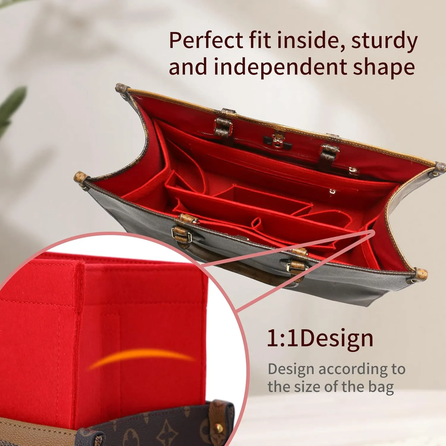 Bag Organizer Insert,Tote Bag Insert For On The Go GM,Handbag Inner Organizer,Handbag Storage,Tote Bags Felt Liner with Zipper (Red, XL)