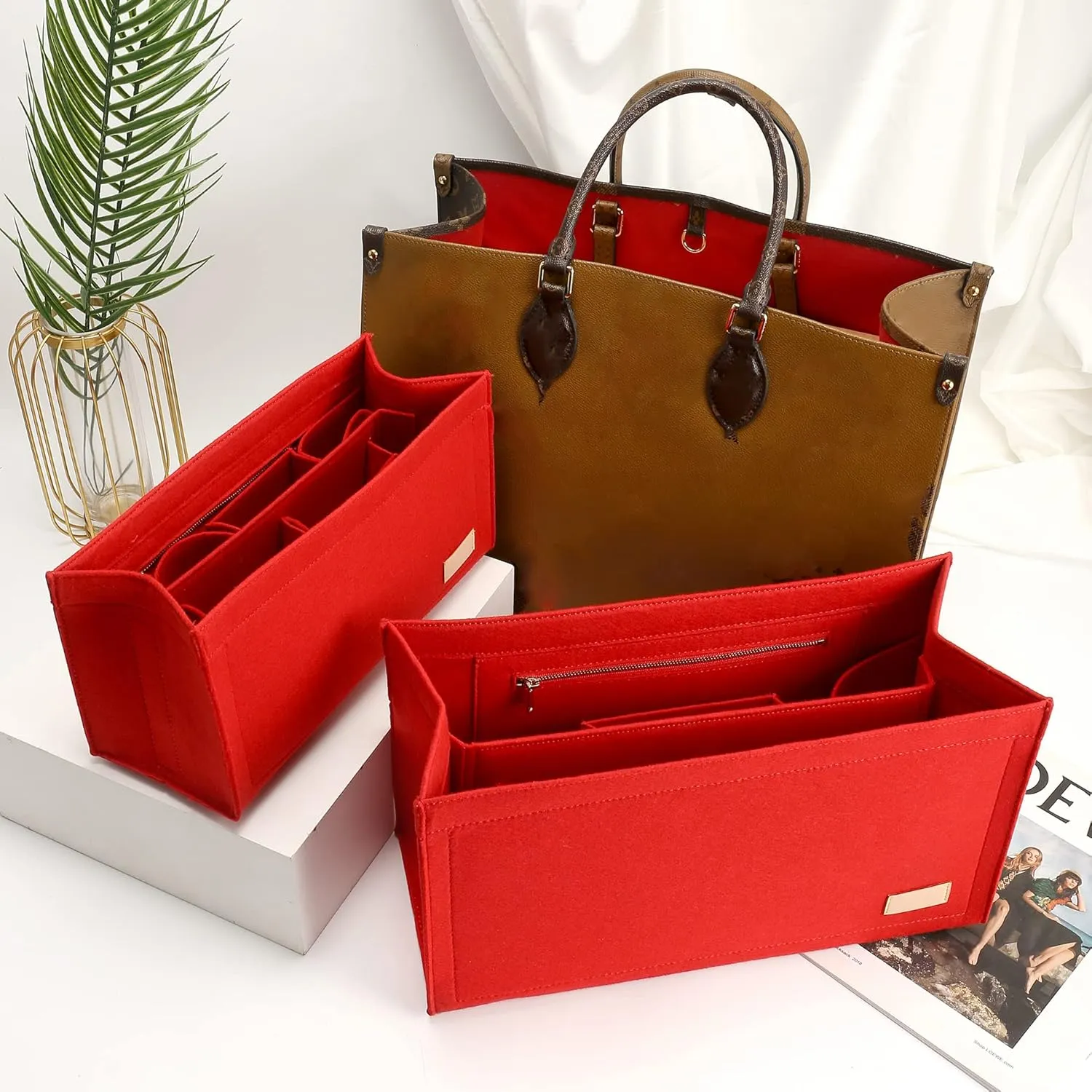Bag Organizer Insert,Tote Bag Insert For On The Go GM,Handbag Inner Organizer,Handbag Storage,Tote Bags Felt Liner with Zipper (Red, XL)