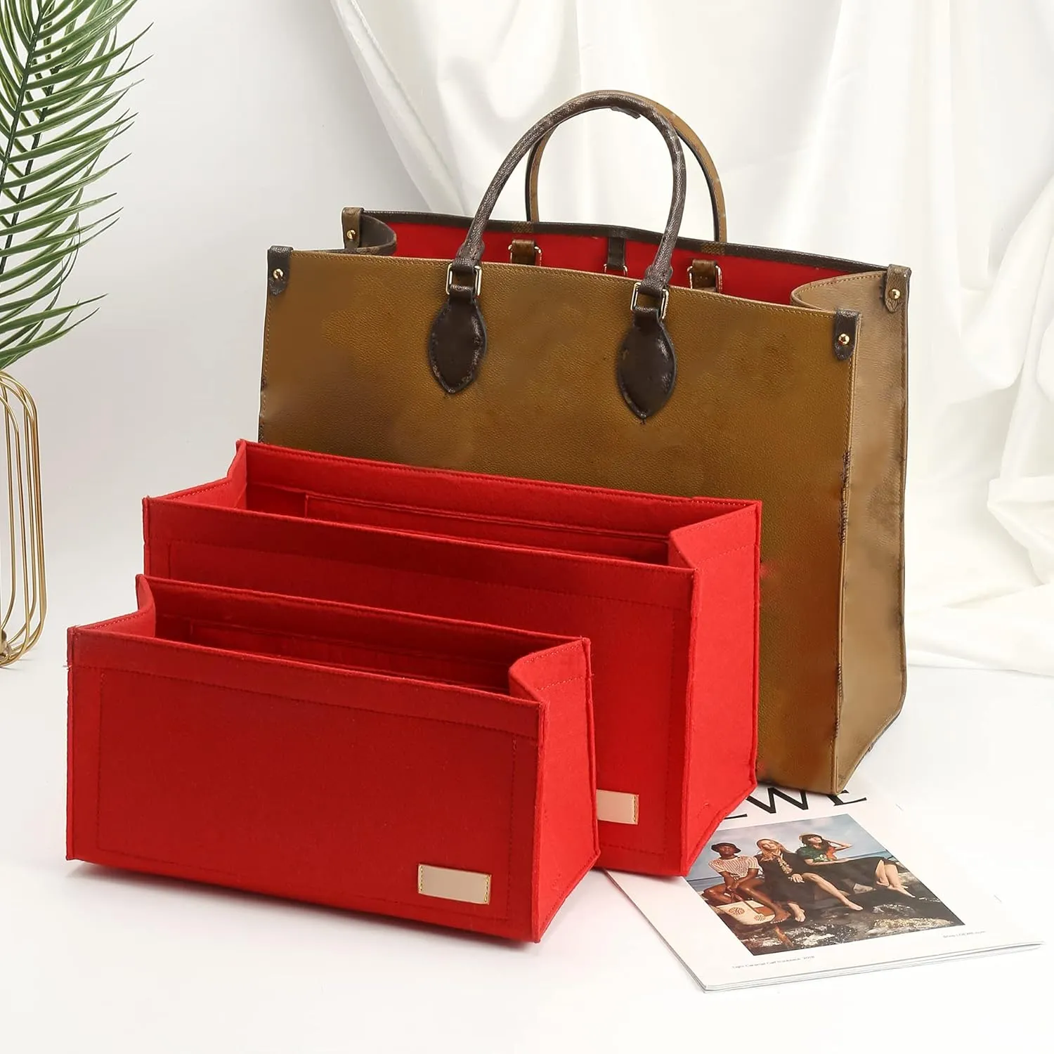Bag Organizer Insert,Tote Bag Insert For On The Go GM,Handbag Inner Organizer,Handbag Storage,Tote Bags Felt Liner with Zipper (Red, XL)