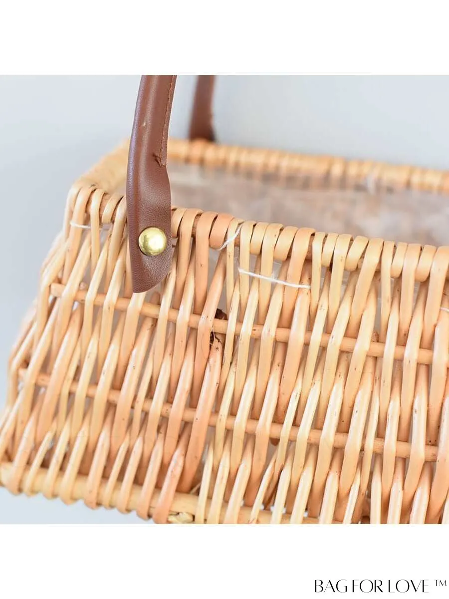 BagForLove - Womens Faux Pearl Handle Woven Handbag: Stylish Floral Willow Tote with Simple Rectangular Design