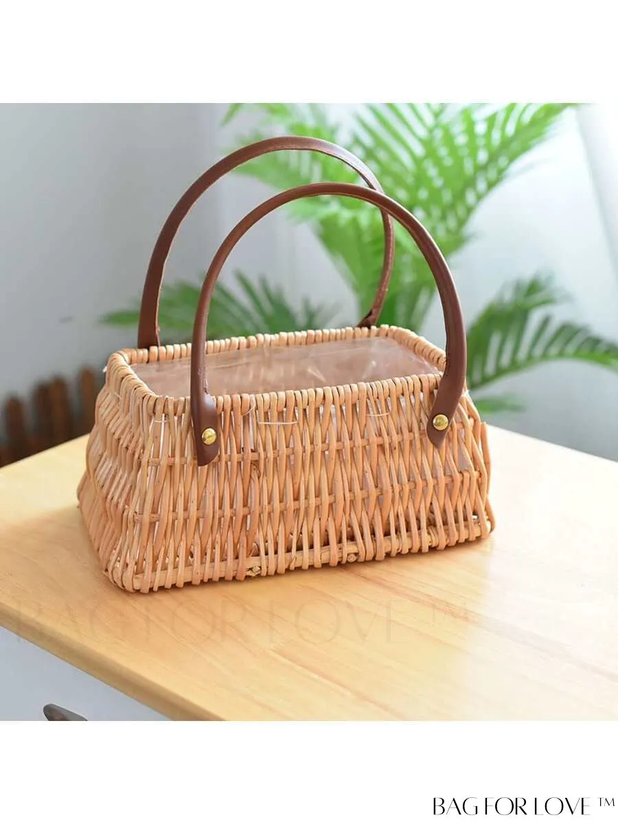BagForLove - Womens Faux Pearl Handle Woven Handbag: Stylish Floral Willow Tote with Simple Rectangular Design