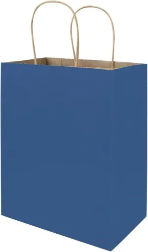 bagmad 50 Pack 8x4.75x10 Inch Medium Blue Kraft Paper Bags with Handles Bulk, Gift Bags, Craft Grocery Shopping Retail Party Favors Wedding Business Sacks (Blue, 50pcs)
