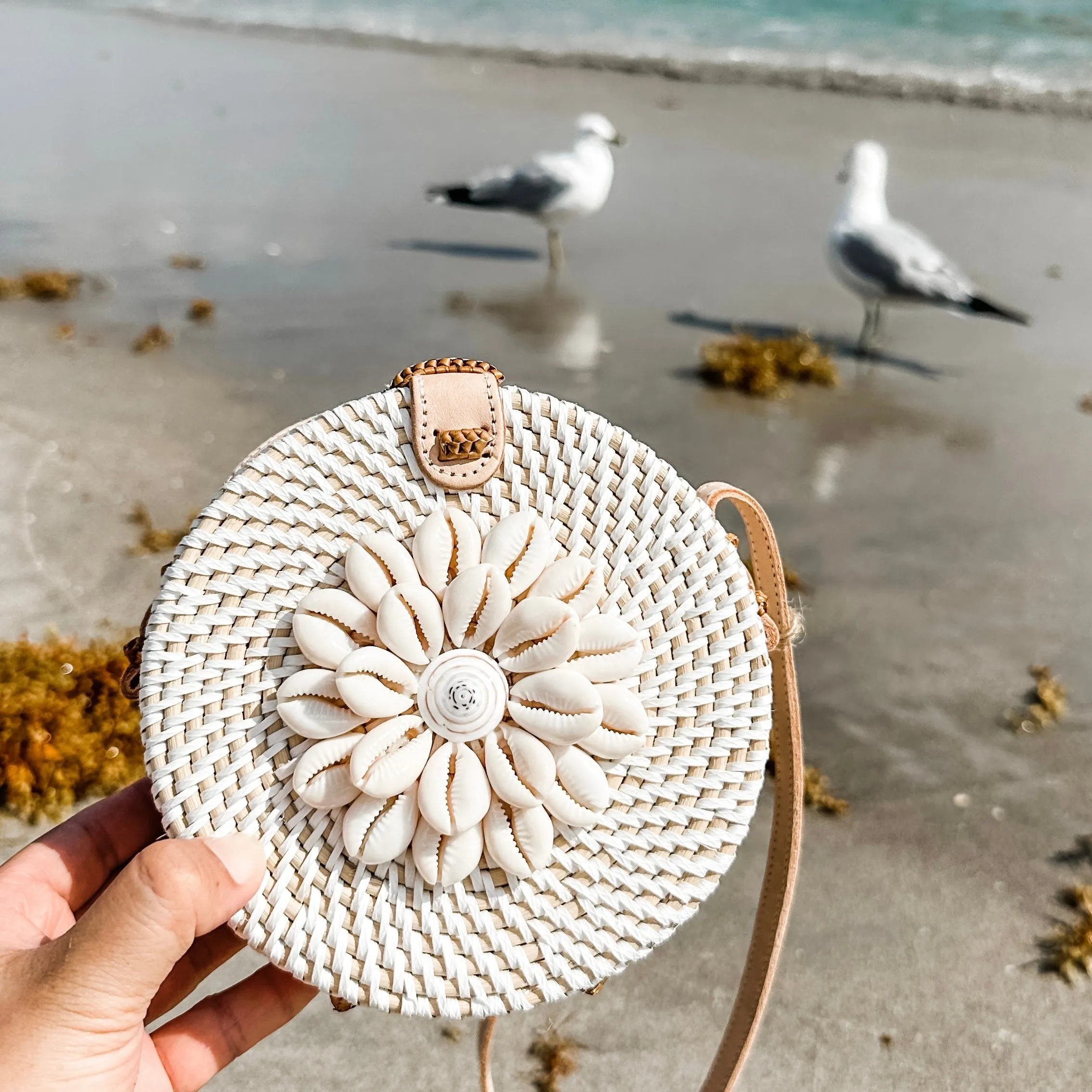Bali Mini Round Rattan Crossbody Bag for Petite Women - Seashell & Pearl Decor