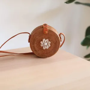 Bali Mini Round Rattan Crossbody Bag for Petite Women - Seashell & Pearl Decor