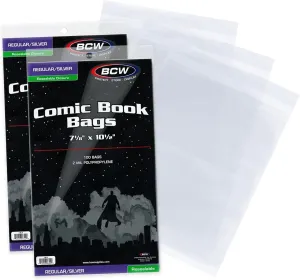 BCW Resealable Silver Age Comic Bags - 200 ct | Archival Quality, Acid-Free Protection for Silver Age Comic Books | 7 1/8 x 10 1/2 inches Comic Collection Storage Comic Books Bags
