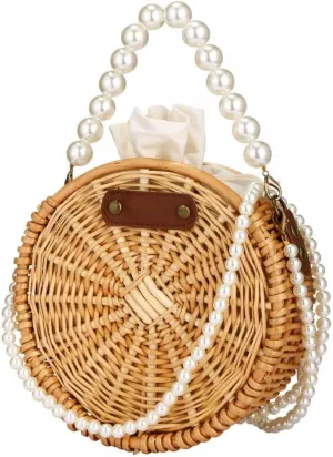 Beach Bag Purse for Women, Natural Hand-woven Rectangular Wicker Handbag, Pearl Basket Purse, Retro Summer Straw Tote Bag