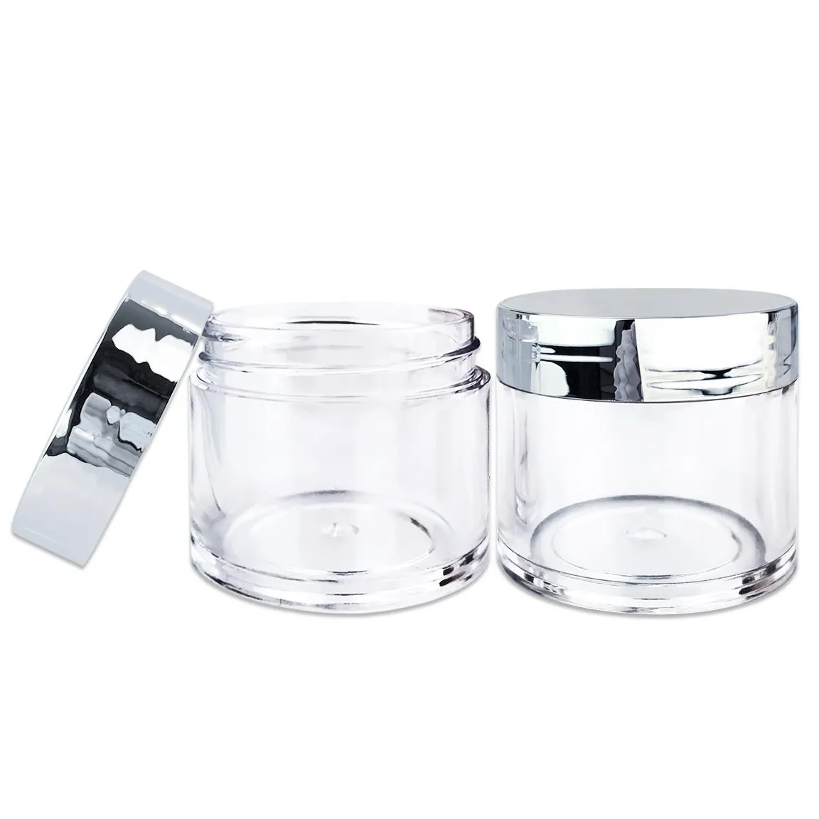 Beauticom 30g/30ml (1 fl. oz.) Double Wall Clear Plastic Leak Proof Jars with Flat Top Lids for Creams, Lotions, Make Up, Powders, Glitters, and more... (Color: Metallic Silver Lid, Pieces: 24)