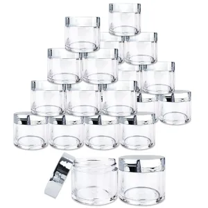 Beauticom 30g/30ml (1 fl. oz.) Double Wall Clear Plastic Leak Proof Jars with Flat Top Lids for Creams, Lotions, Make Up, Powders, Glitters, and more... (Color: Metallic Silver Lid, Pieces: 24)