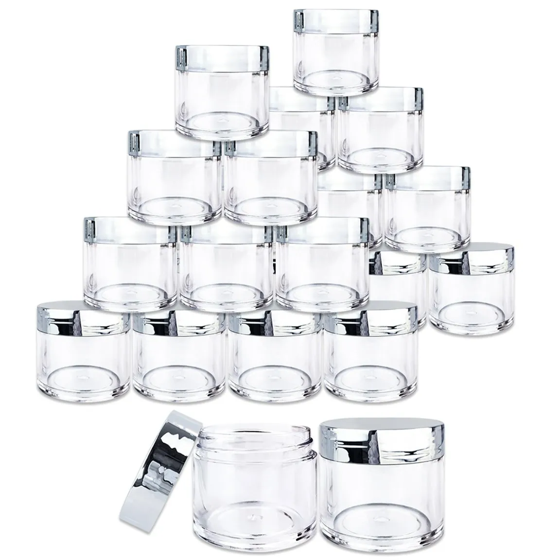Beauticom 30g/30ml (1 fl. oz.) Double Wall Clear Plastic Leak Proof Jars with Flat Top Lids for Creams, Lotions, Make Up, Powders, Glitters, and more... (Color: Metallic Silver Lid, Pieces: 24)