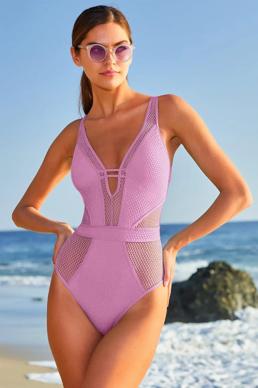 BECCA Color Play One Piece Swimsuit, Plunge Neck, Crochet, Bathing Suits for Women