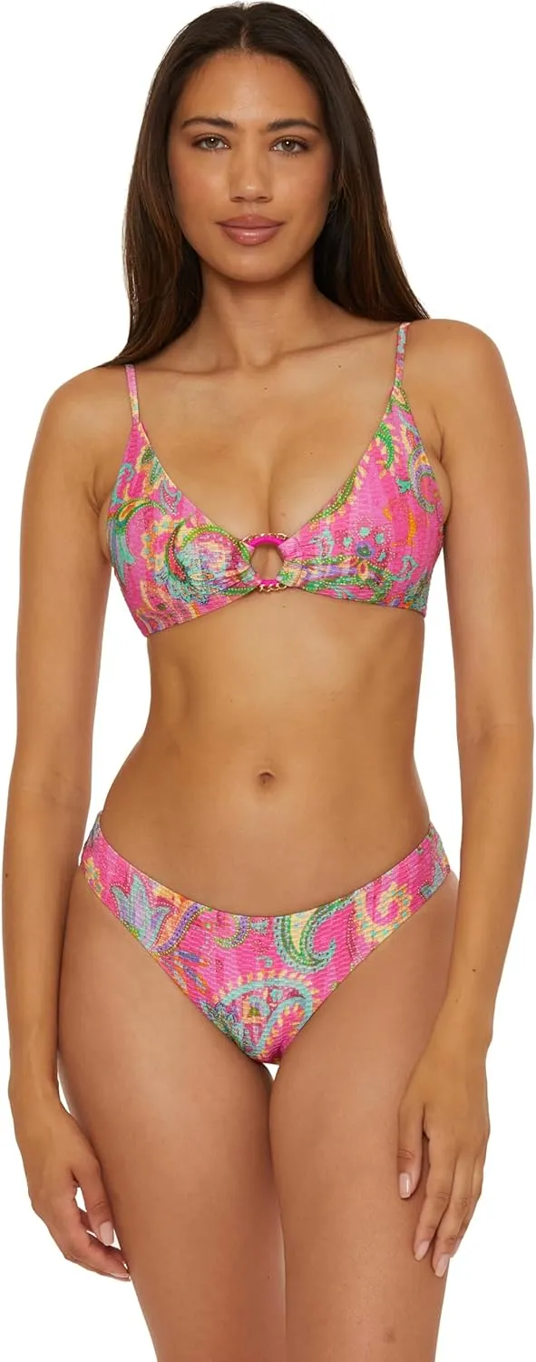 BECCA Women's Polynesia Shirred Hipster Bikini Bottom, Floral Print, Cheeky Coverage, Swimwear Separates