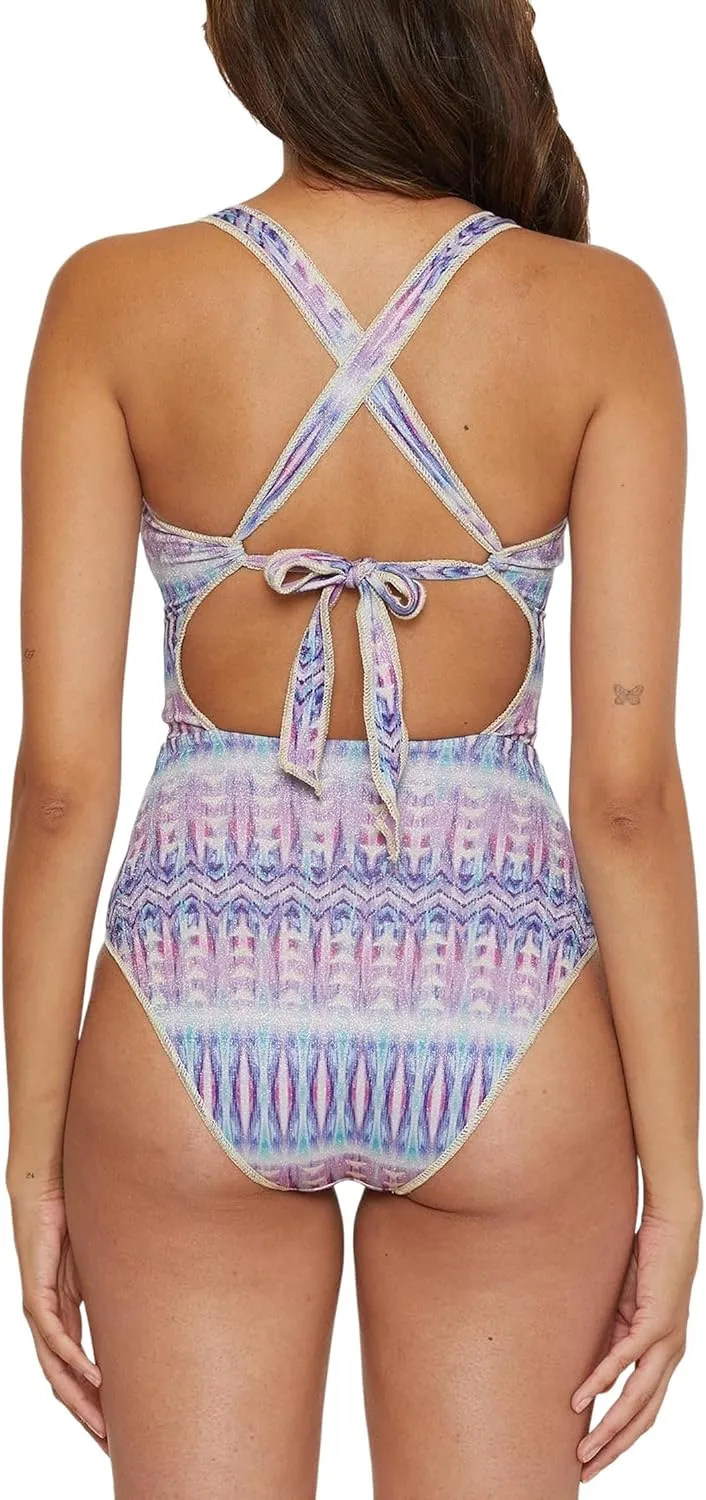 BECCA Women's Standard Tulum One Piece Swimsuit, Abstract Print, Adjustable, Tie Back, Bathing Suits