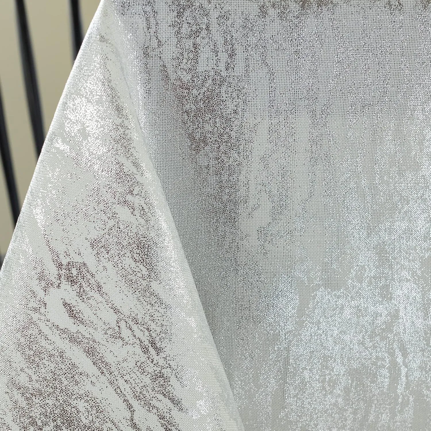 Benson Mills Metals Metallic Foil Printed Fabric Table Cloth, Holiday, Winter, Thanksgiving, and Christmas Tablecloth (60" x 84" Rectangular, Metals Ivory-Silver)