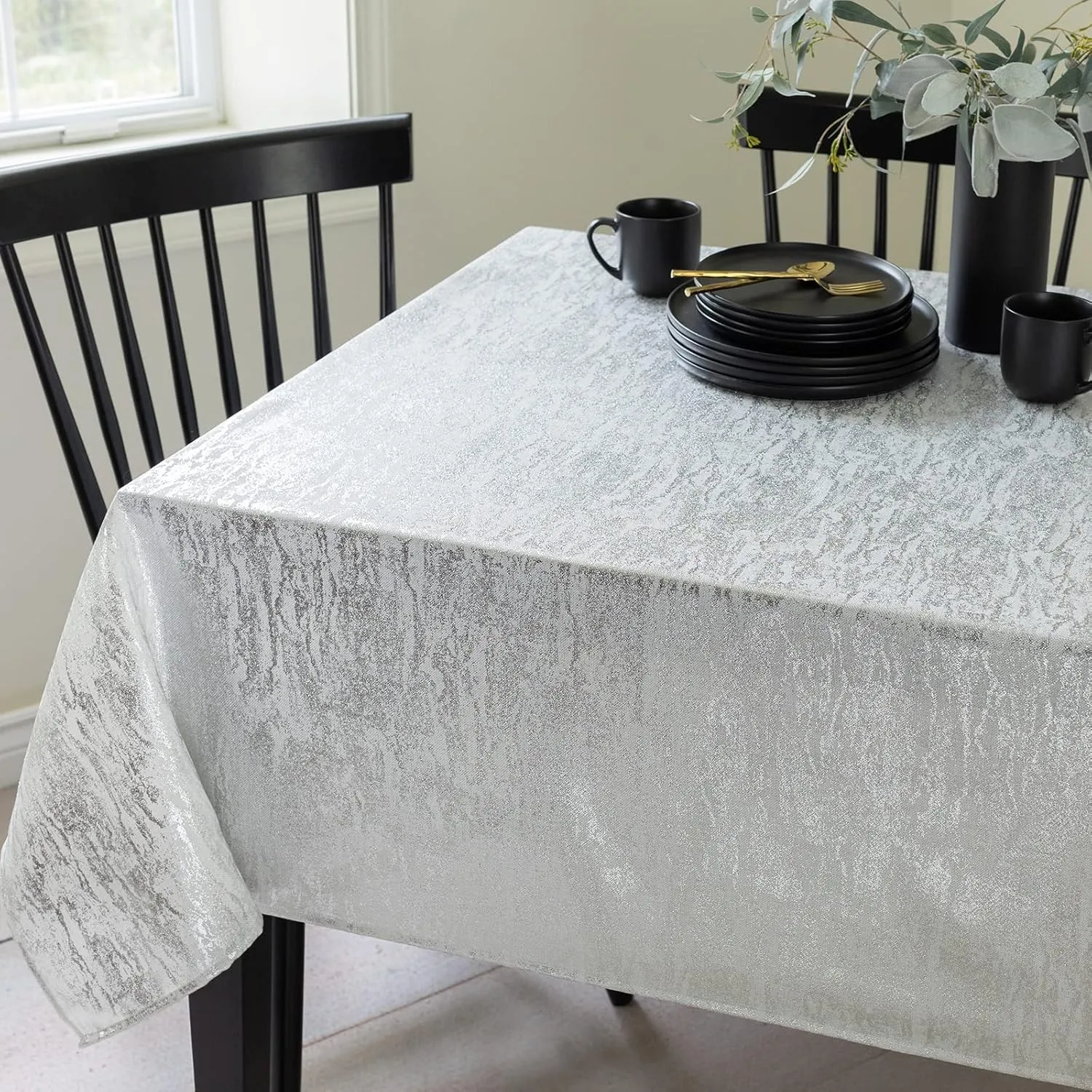 Benson Mills Metals Metallic Foil Printed Fabric Table Cloth, Holiday, Winter, Thanksgiving, and Christmas Tablecloth (60" x 84" Rectangular, Metals Ivory-Silver)