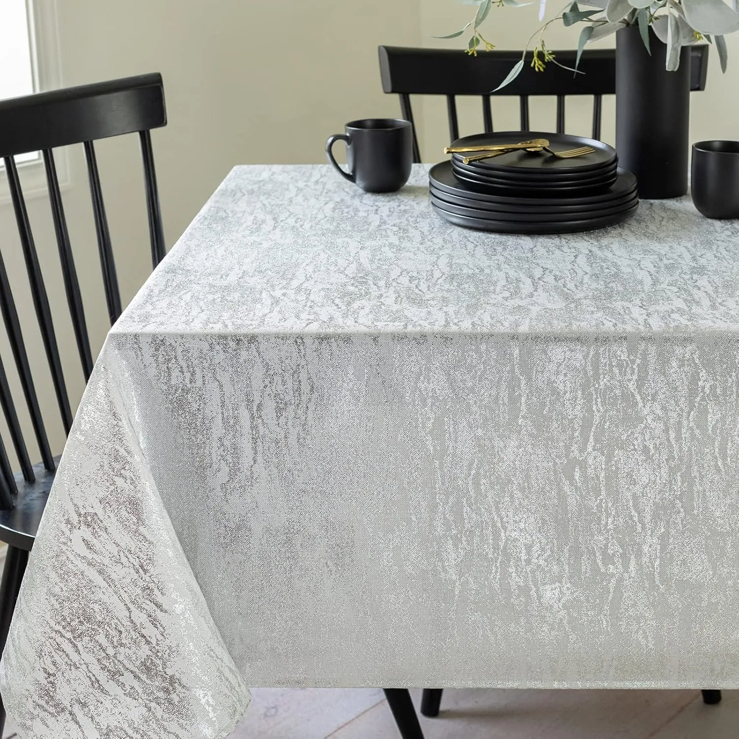 Benson Mills Metals Metallic Foil Printed Fabric Table Cloth, Holiday, Winter, Thanksgiving, and Christmas Tablecloth (60" x 84" Rectangular, Metals Ivory-Silver)