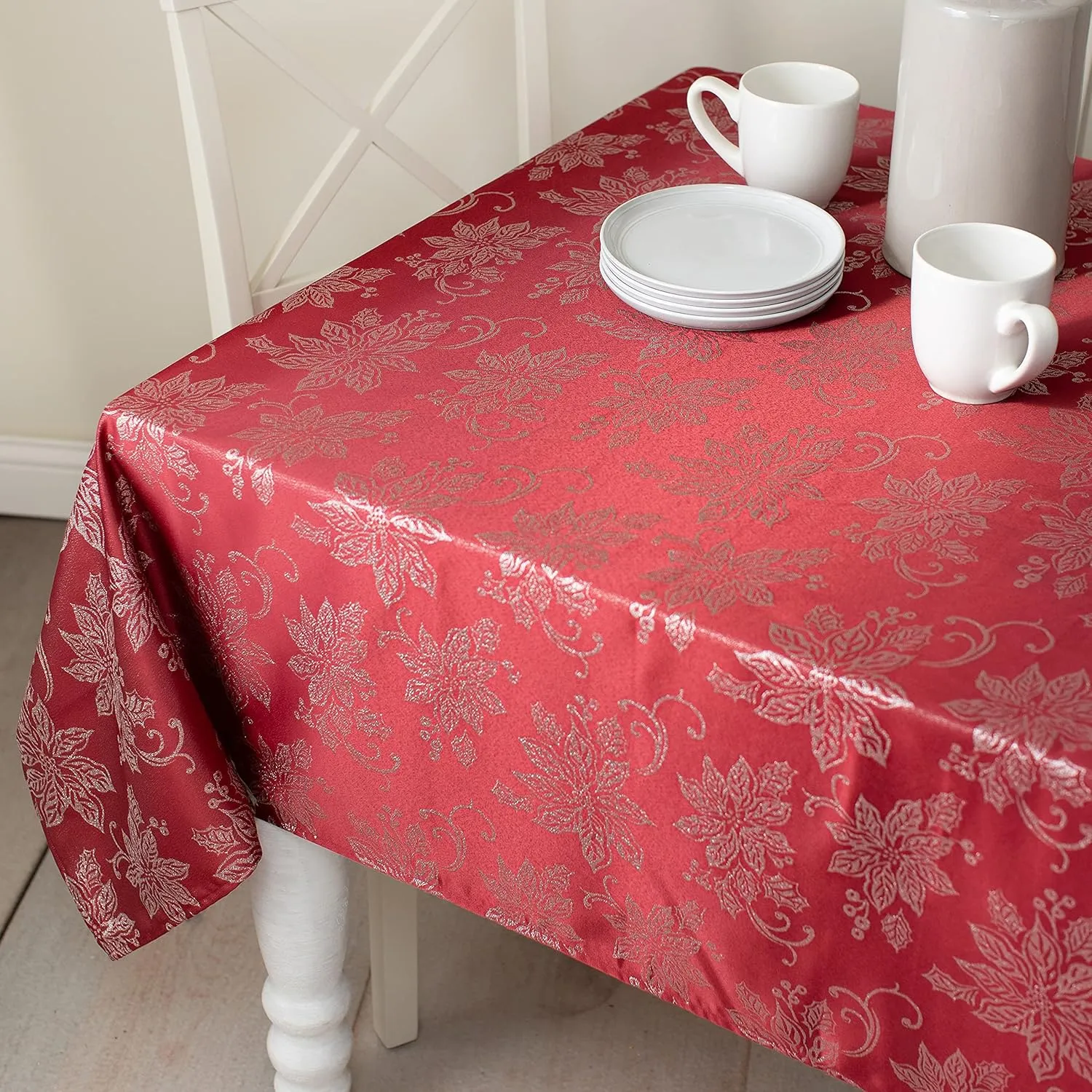 Benson Mills Twinkle Poinsettia Metallic Tablecloth RED/Silver 60 X 84