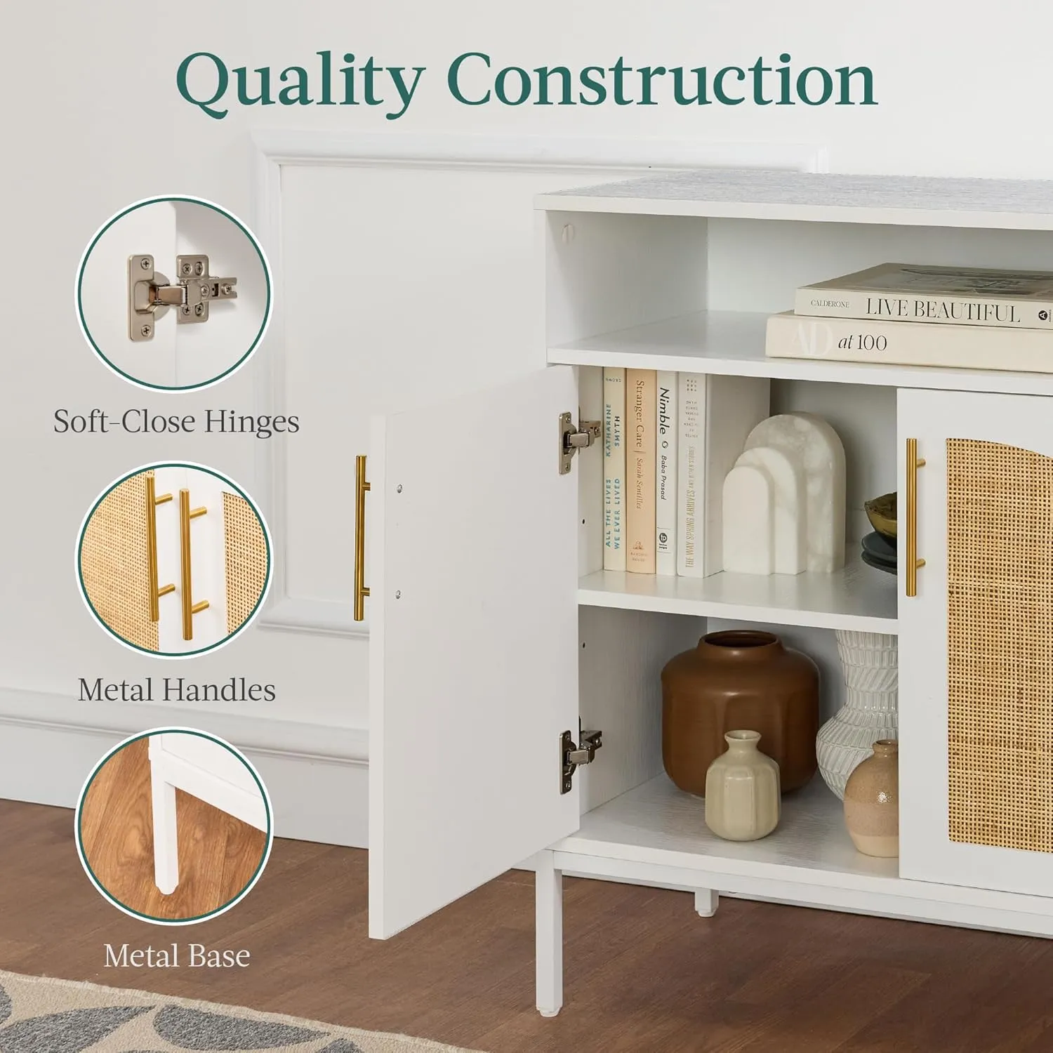 Best Choice Products Rattan Sideboard Buffet Cabinet, Entryway Table, Accent Storage Cabinet, Console Table for Hallway, Living Room, Dining Room - White