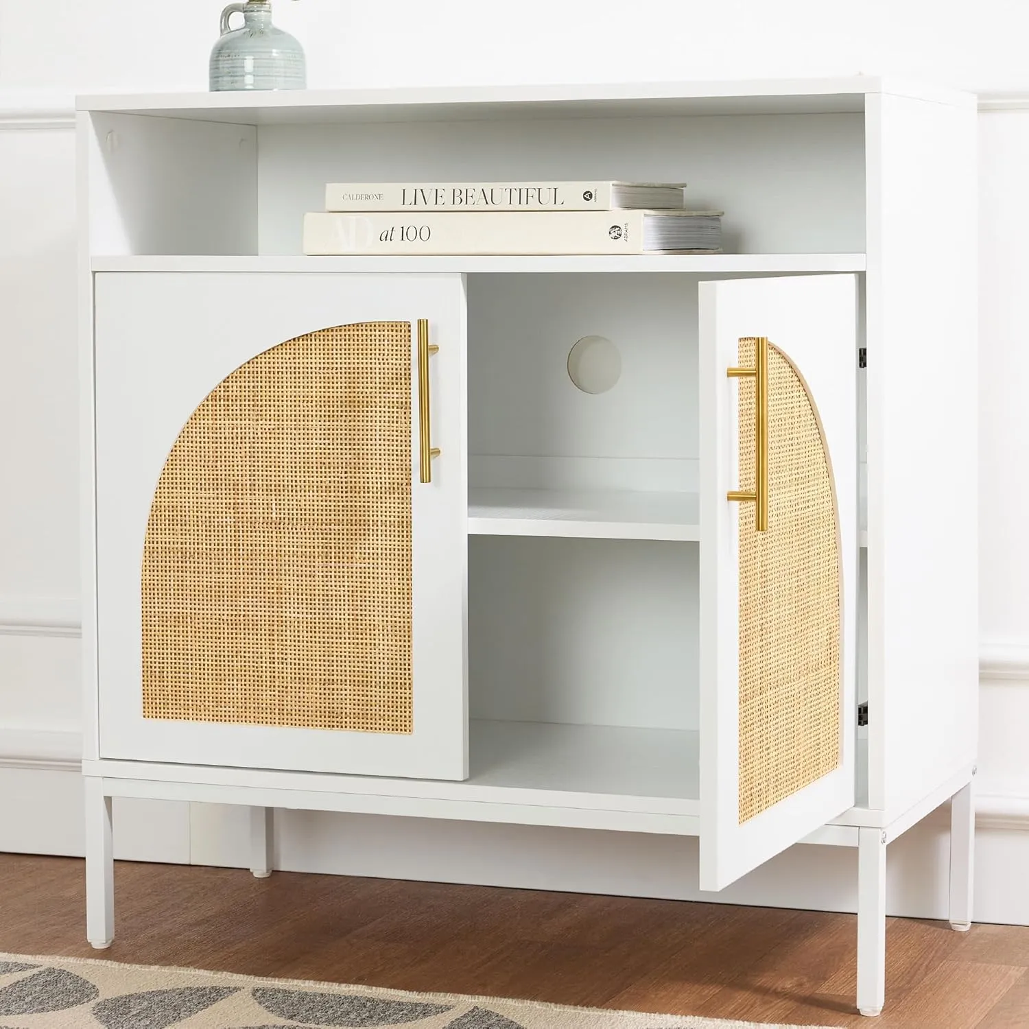 Best Choice Products Rattan Sideboard Buffet Cabinet, Entryway Table, Accent Storage Cabinet, Console Table for Hallway, Living Room, Dining Room - White