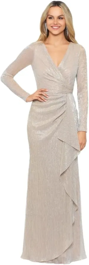 Betsy & Adam Women's Pleated Metallic V-Neck Dress with Ruching Detail and Long Sleeves