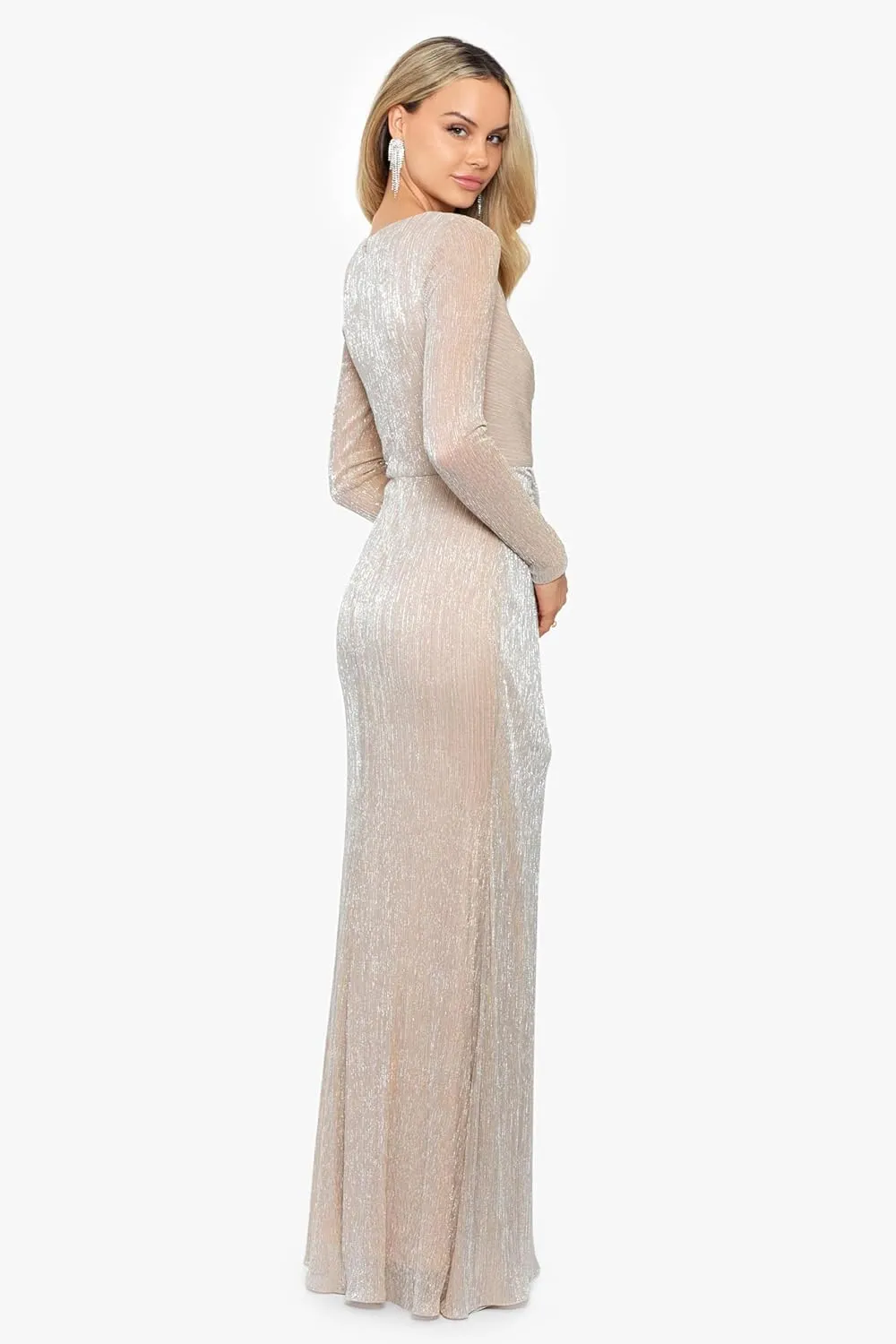 Betsy & Adam Women's Pleated Metallic V-Neck Dress with Ruching Detail and Long Sleeves