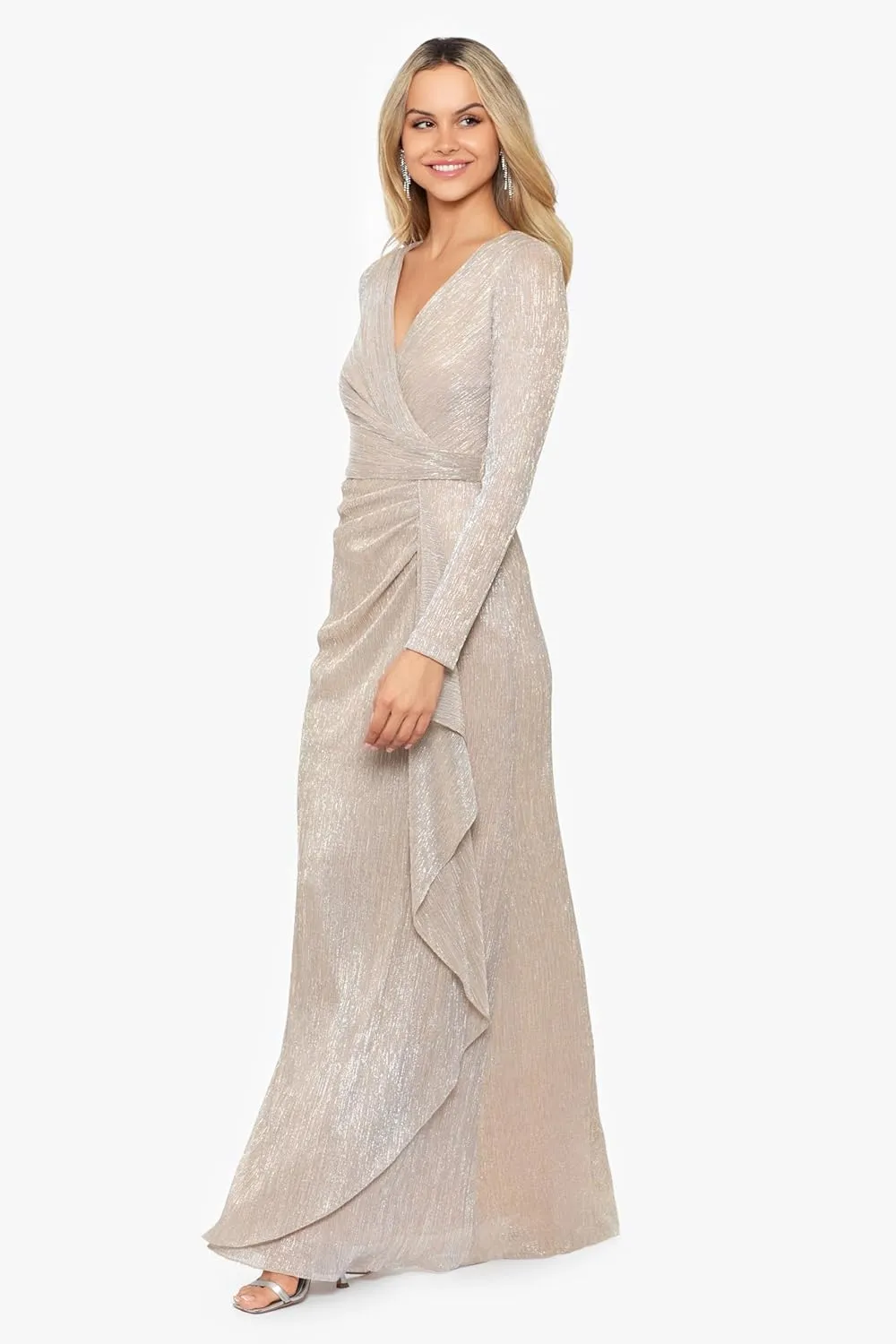 Betsy & Adam Women's Pleated Metallic V-Neck Dress with Ruching Detail and Long Sleeves