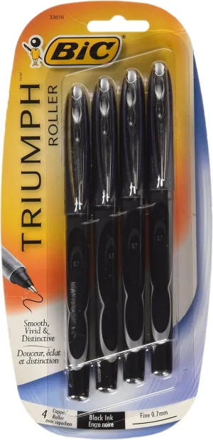BIC Triumph 537R Roller Ball, Fine Point (0.7 mm) Black Ink, 4 Pack (RT57P41-ASST)