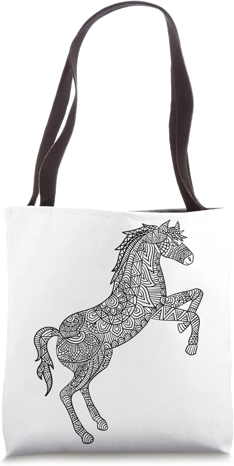 Black & White Color Your Own Horse Mandala Adult Coloring Tote Bag