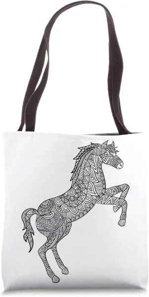 Black & White Color Your Own Horse Mandala Adult Coloring Tote Bag