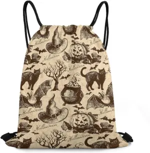 Black Cat Bat Pumpkin Skull Party Large Capacity Portable Drawstring Pocket Unisex