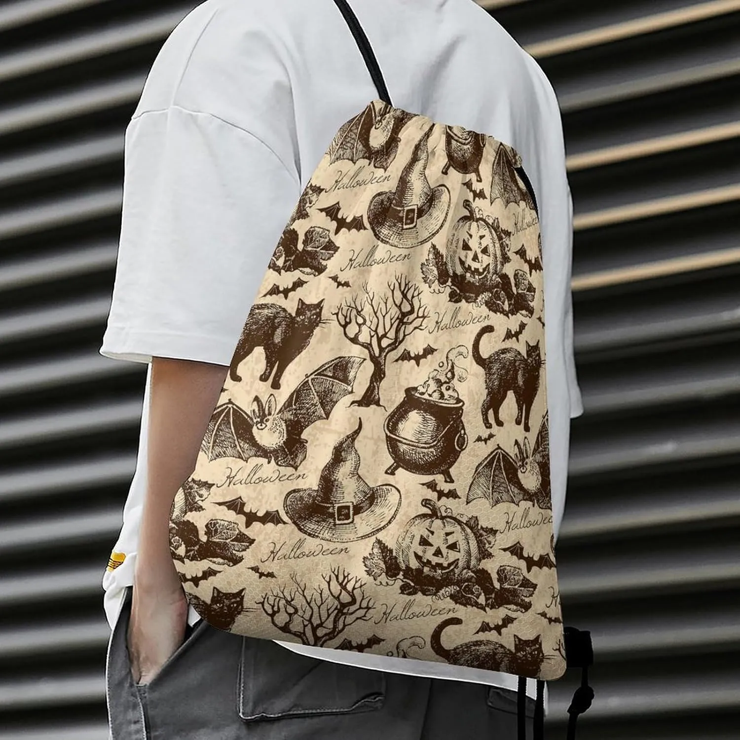 Black Cat Bat Pumpkin Skull Party Large Capacity Portable Drawstring Pocket Unisex