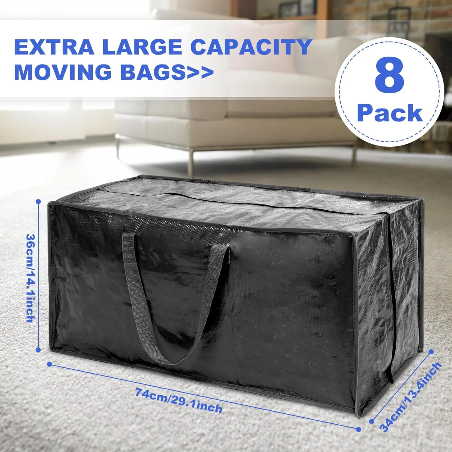 Black Moving Bags - 8 Pack Extra Large Heavy Duty Storage Bags With Zipper & Reinforce Handles | 29x14x13 Inch Moving Tote Bags Bulk For Clothing, Shoes, Travel