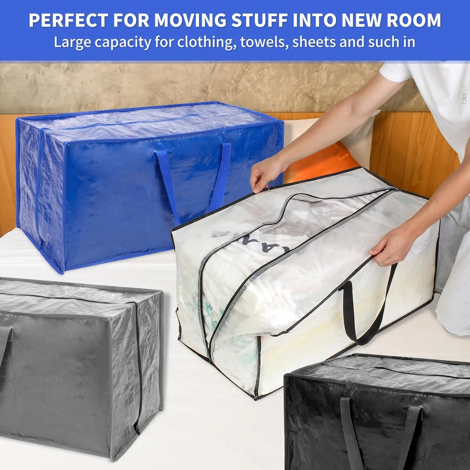 Black Moving Bags - 8 Pack Extra Large Heavy Duty Storage Bags With Zipper & Reinforce Handles | 29x14x13 Inch Moving Tote Bags Bulk For Clothing, Shoes, Travel