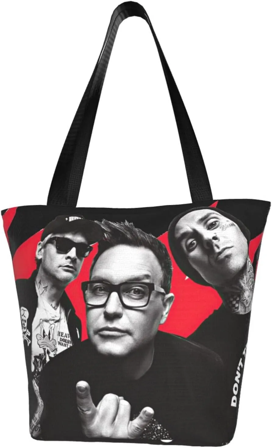 Blink Classic Rock 182 Reusable Grocery Bag Shopping Bags Tote Bags with Zipper Woman Shoulder Bag for Picnic Storage Bag Portable Daily Bag Large Capacity Handbag for Kitchen, Black