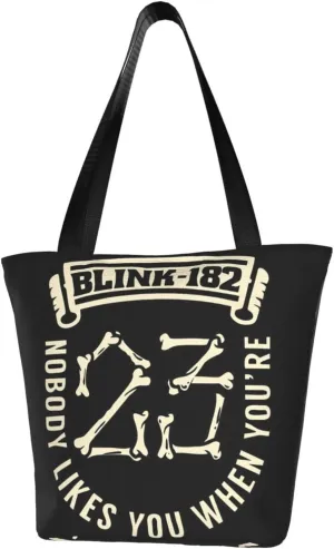 Blink Classic Rock 182 Reusable Grocery Bag Shopping Bags Tote Bags with Zipper Women Shoulder Bag for Workout Storage Bag Classic Daily Bag Large Capacity Handbag for Kitchen, Black