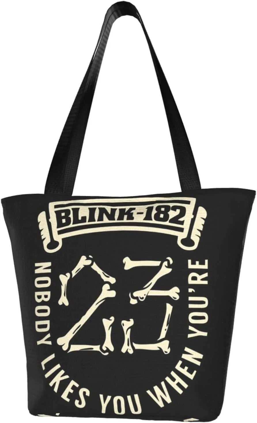 Blink Classic Rock 182 Reusable Grocery Bag Shopping Bags Tote Bags with Zipper Women Shoulder Bag for Workout Storage Bag Classic Daily Bag Large Capacity Handbag for Kitchen, Black