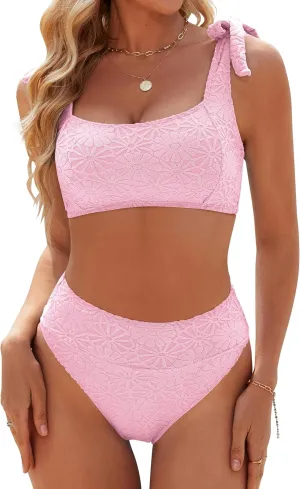 Blooming Jelly Womens High Waisted Bikini Set Tie Strap Jacquard Terry Cloth 2 Piece Swimsuit Modest Cute Retro Bathing Suit