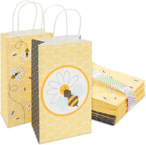 BLUE PANDA 24 Pack Bumble Bee Party Paper Gift Bags with Handles, 5x9x3 Inch, Yellow Gift Bags for Baby Showers, Birthdays, Bee-Themed Party Favor