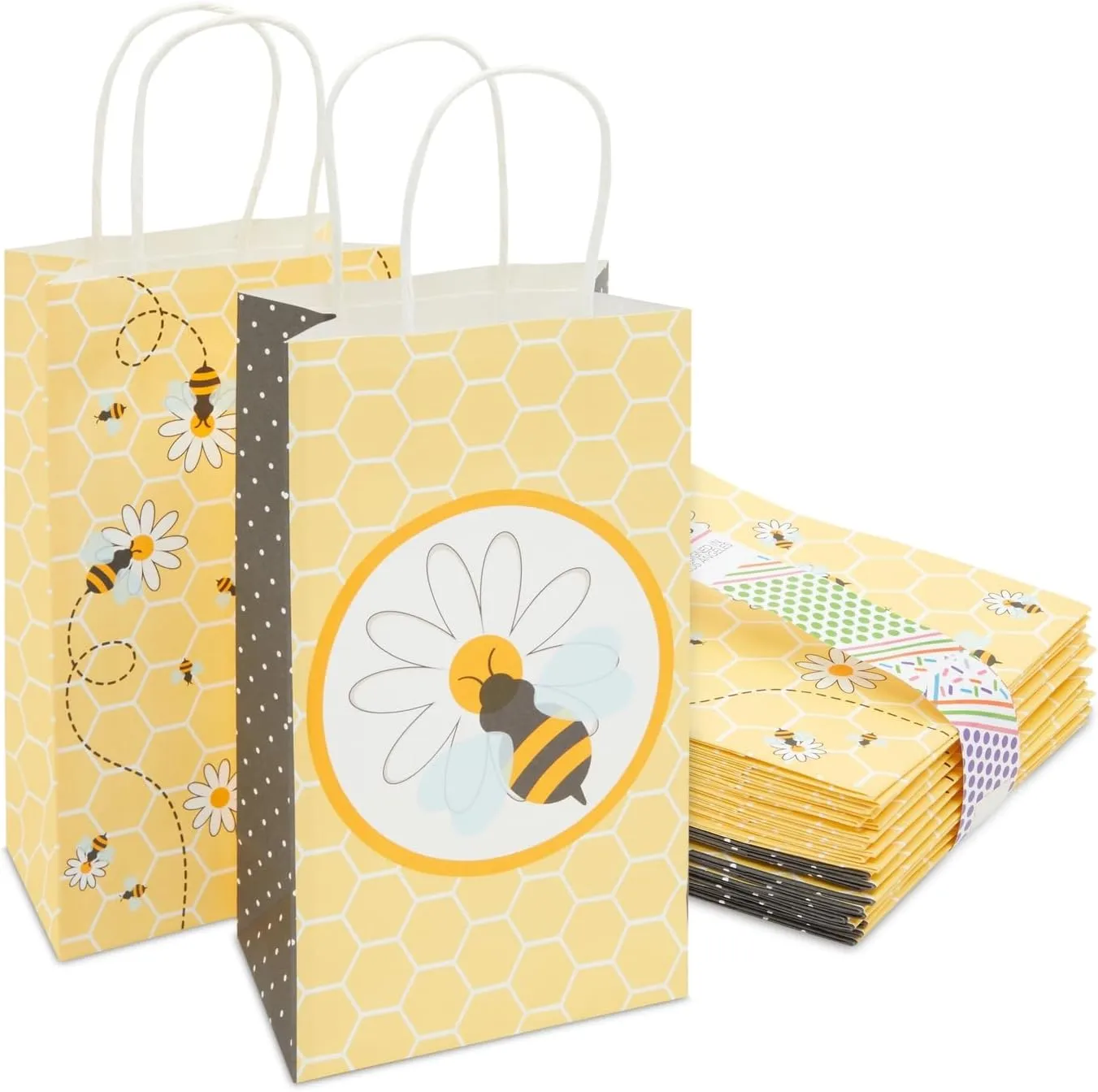 BLUE PANDA 24 Pack Bumble Bee Party Paper Gift Bags with Handles, 5x9x3 Inch, Yellow Gift Bags for Baby Showers, Birthdays, Bee-Themed Party Favor